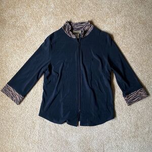CDW petite small black 3/4 sleeve zip up jacket top tiger stripe trim